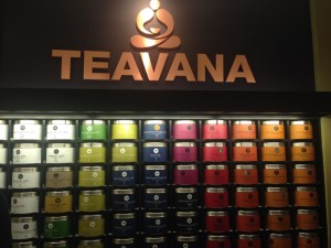 The Teavana tea wall, full of 98 flavors and one tin of German rock sugar